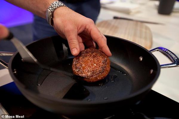 The cooked mousse beef patty is similar to a traditio<em></em>nal beef burger.  The company says it tastes good 